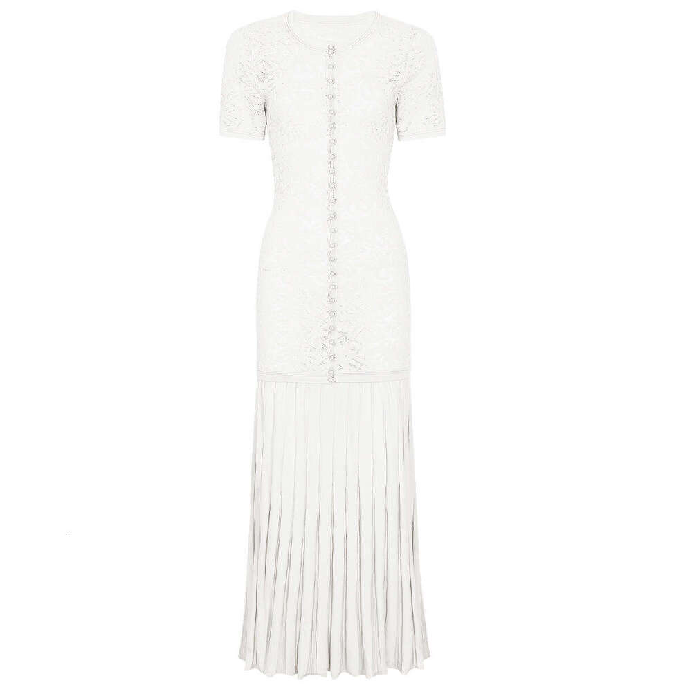 French Elegant White Lace & Knit Midi Dress, Round Neck Short Sleeve Fitted Pleated Evening Gown Skinny Slimming