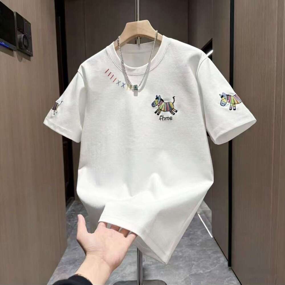 Spring New Trendy Brand Short-Sleeve T-Shirt With Little Horse Embroidery, Fashionable And Versatile Casual Round-Neck Top, Stylish Half-Sleeve Shirt 