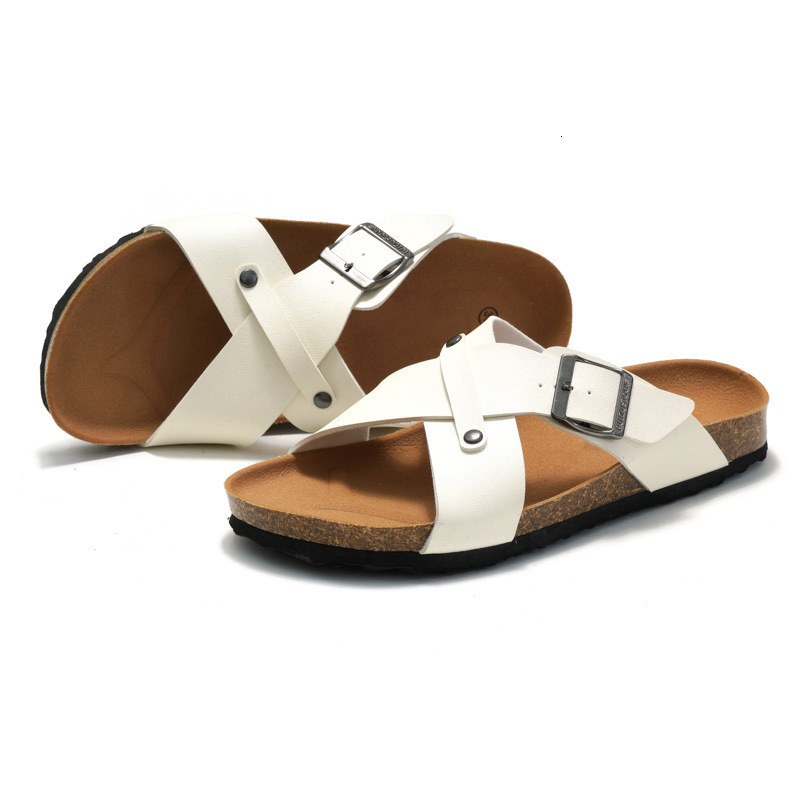 RUIZUSTOCK Women Fashion Cross Strap Slide Sandals PU Leather Cork Footbed Flat Slippers With Adjustable Buckle - view 4