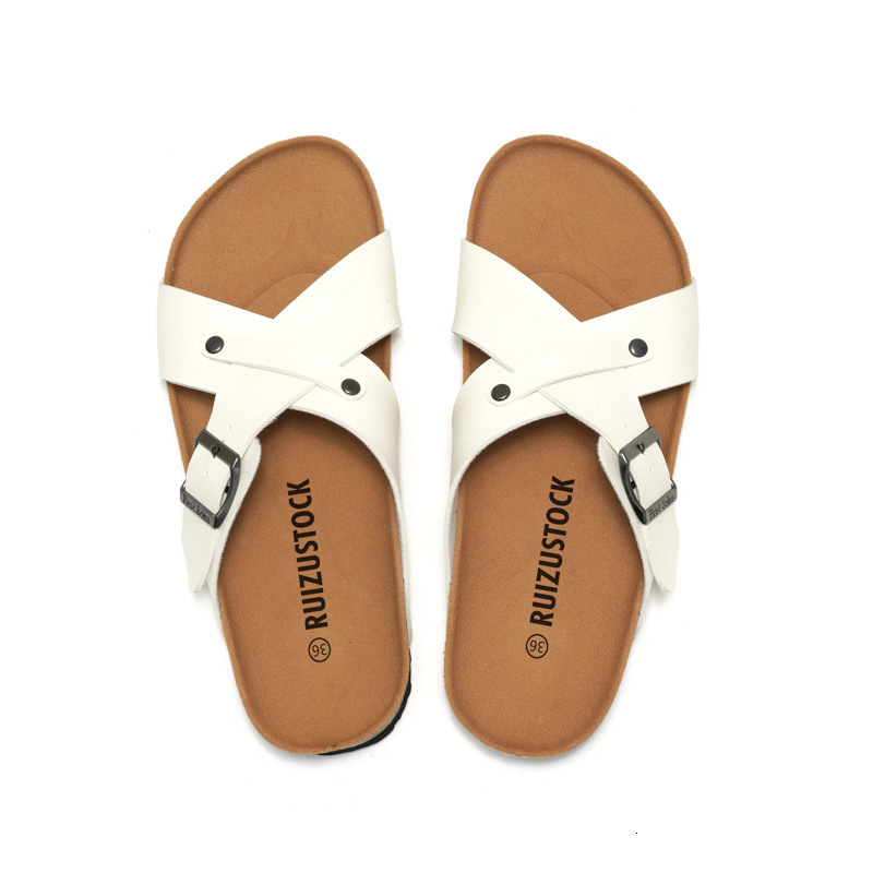RUIZUSTOCK Women Fashion Cross Strap Slide Sandals PU Leather Cork Footbed Flat Slippers With Adjustable Buckle - view 6