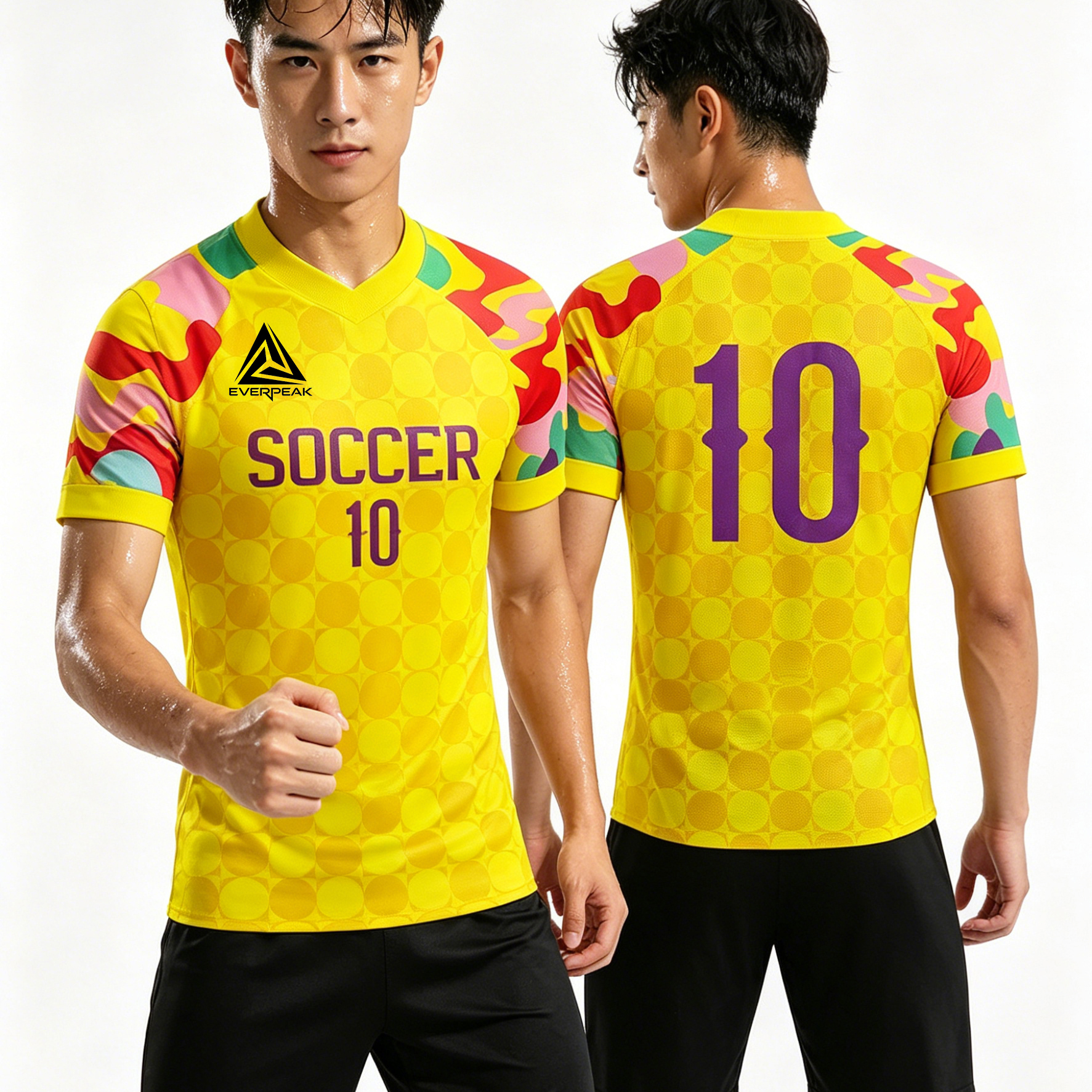 Custom Soccer Jersey Set Men Yellow with Colorful Graffiti Sleeves Football Uniform with Shorts Personalized Name Number Breathable Quick Dry Kit - view 4