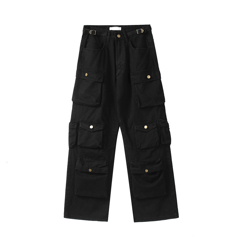 American Style Harajuku Retro Multi Pocket Set Mens Autumn Loose Straight Wash Cotton Rope Y2K Hip Hop Rope 241021