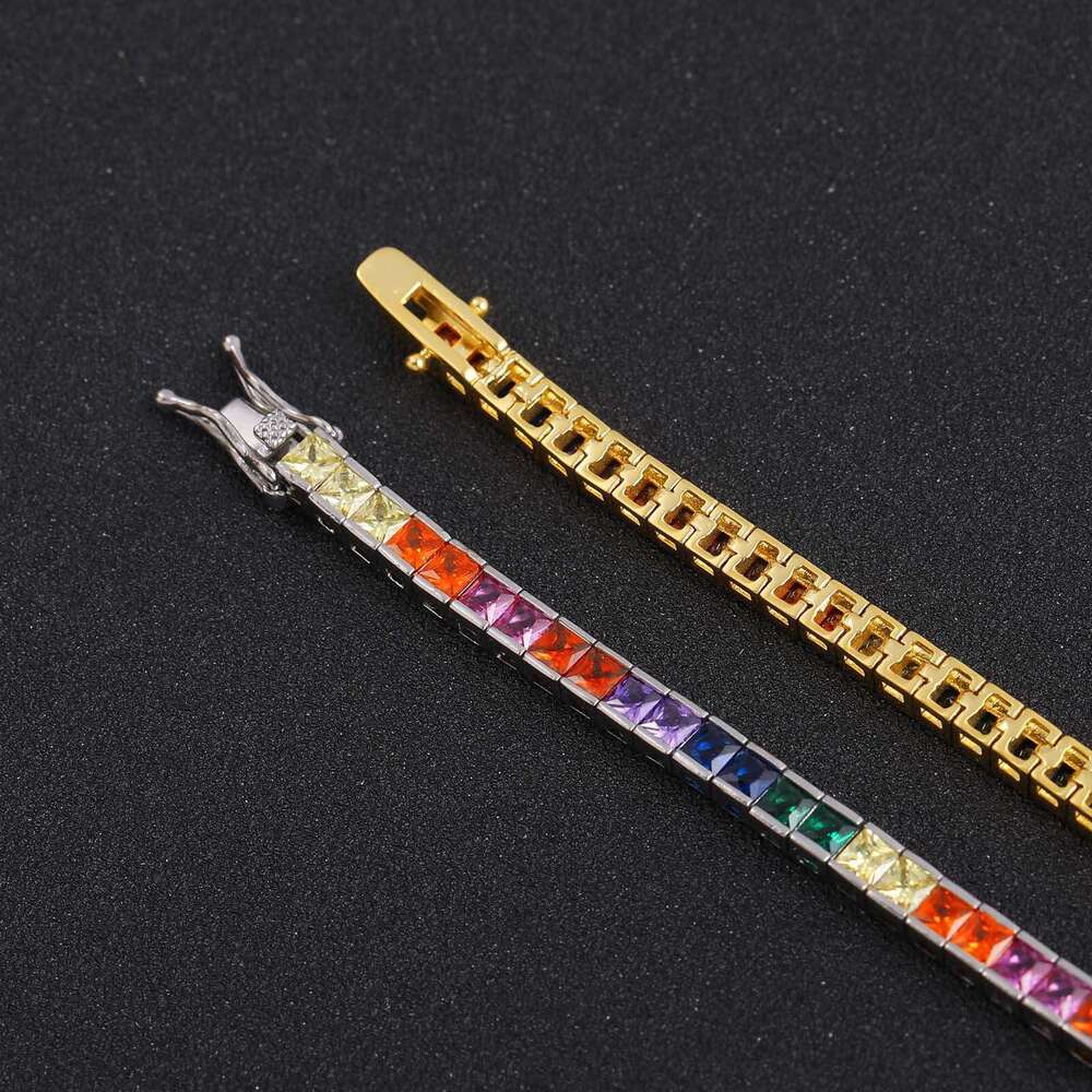 European and American style necklace, 4mm square colorful tennis chain, real gold plated, micro-inlaid zirconia, hip-hop bracelet - view 7