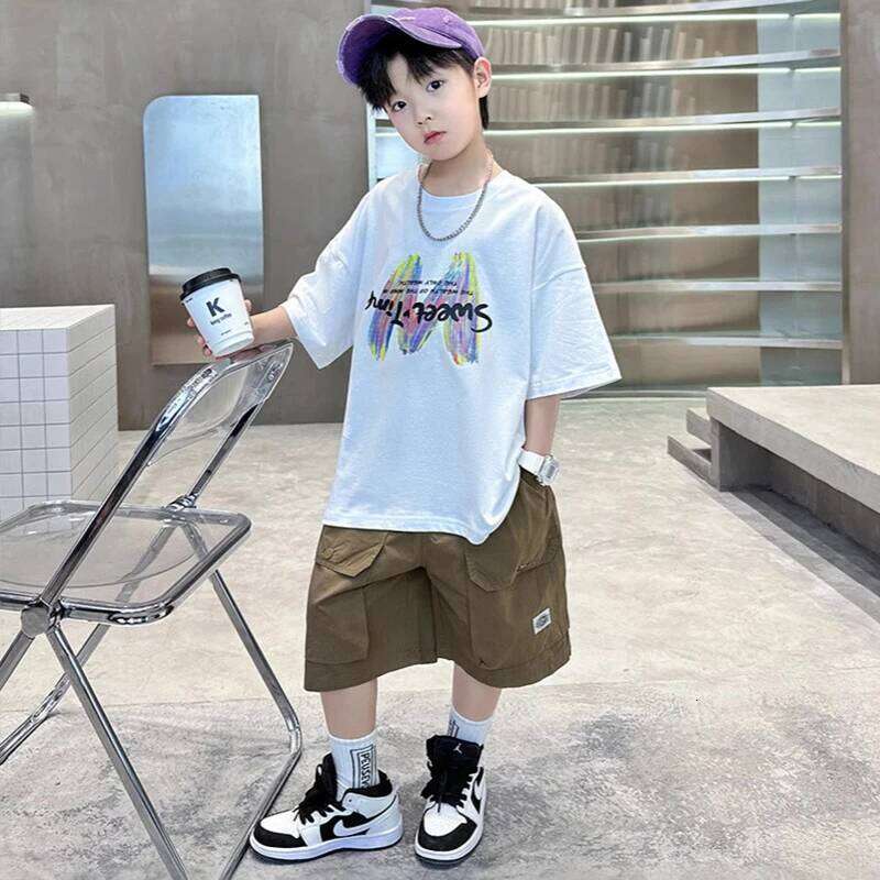 Summer Boys Clothing Set Fashion Short Sleeve Letter T-shirt Shorts 2Pcs For 4-12 Years Kids Tracksuits Teenager Casual Outfits 26Y0521