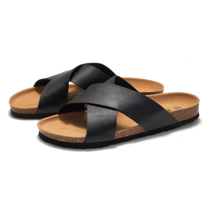 Fashion Gifts RUIZUSTOCK Men Classic Brown Cross Strap Cork Sandals PU Leather Open Toe Slides For Indoor And Outdoor - view 5