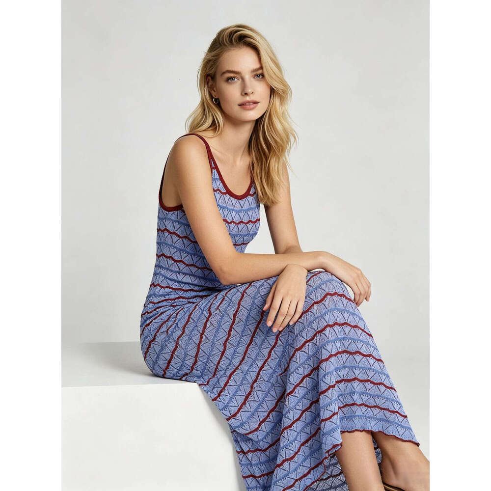 Women's Summer Knitted Cami Maxi Dress Hollow Out Striped Contrast Color Sleeveless Tank Dress Bohemian Beach Sundress Skin Friendly Soft - view 4