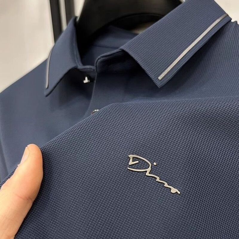 Designer Poloshirt Men Polo Shirt Waffle Texture Metal Line Emblem Stiff Lapel Perfect For Business Men's Clothing Daily Outfit