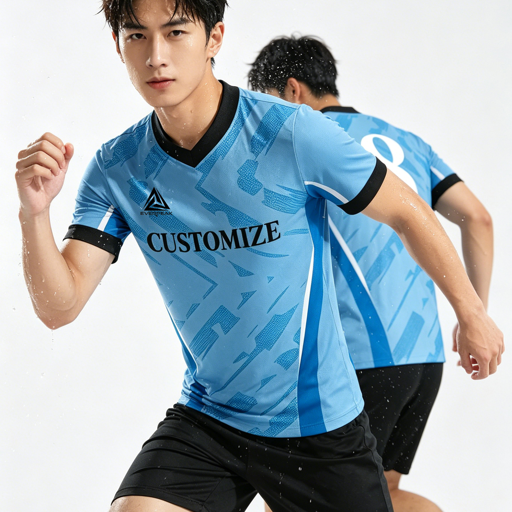 Custom Soccer Jersey Set Men V-Neck with Black Trim Football Uniform with Shorts Breathable Fabric Customizable Team Name Number Logo for Matches - view 3