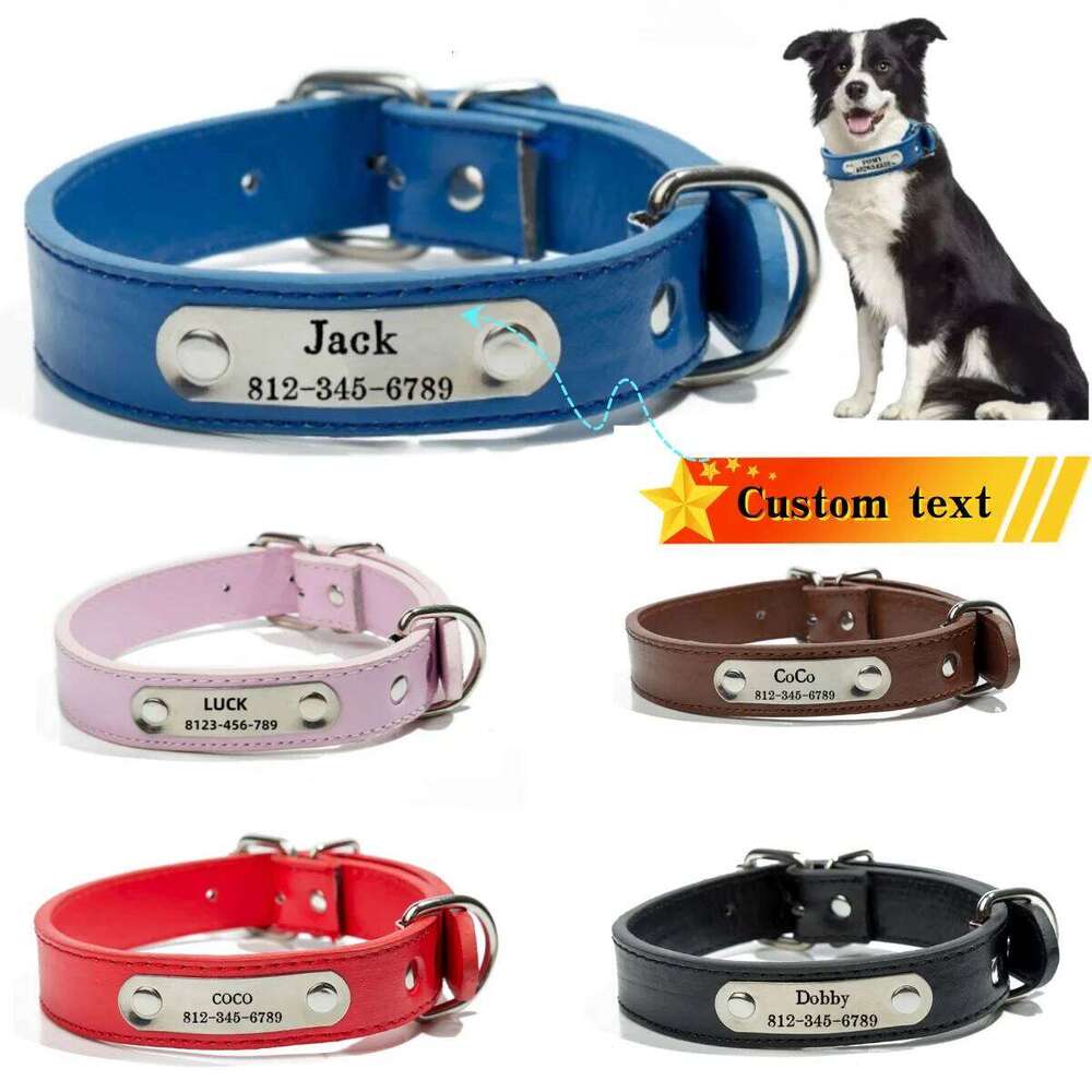 Personalized Name Carved Dog ID Tag Anti-lost Solid PU Leather Collar For Small Medium Large Dogs Puppy Cat Pet Supplies 26W0521