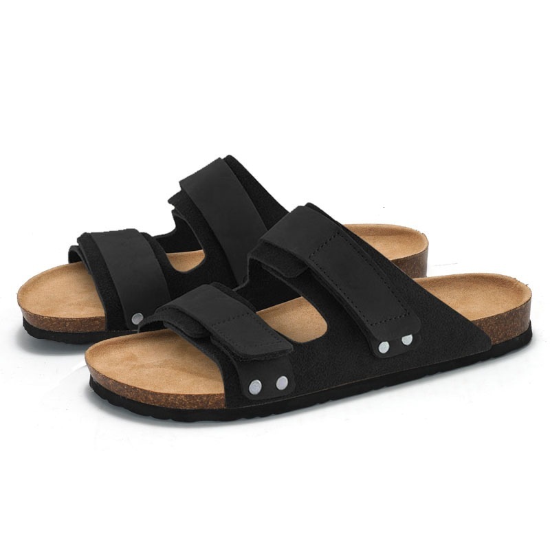RUIZUSTOCK Men Fashion Khaki Suede Slide Sandals Adjustable Double Strap Cork Footbed Flat Slippers - view 3