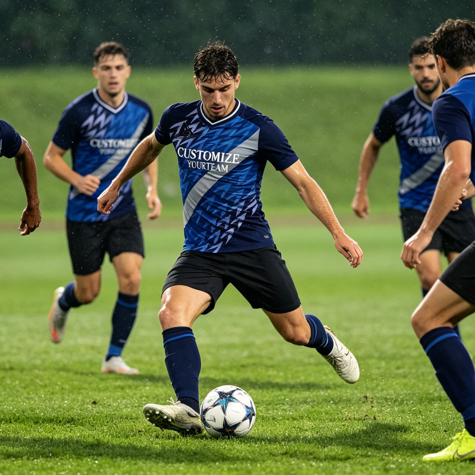 Custom Soccer Jersey Set Men Navy Blue Gradient with Silver Stripe Football Uniform with Shorts Personalized Name Number Breathable Quick Dry Kit - view 4