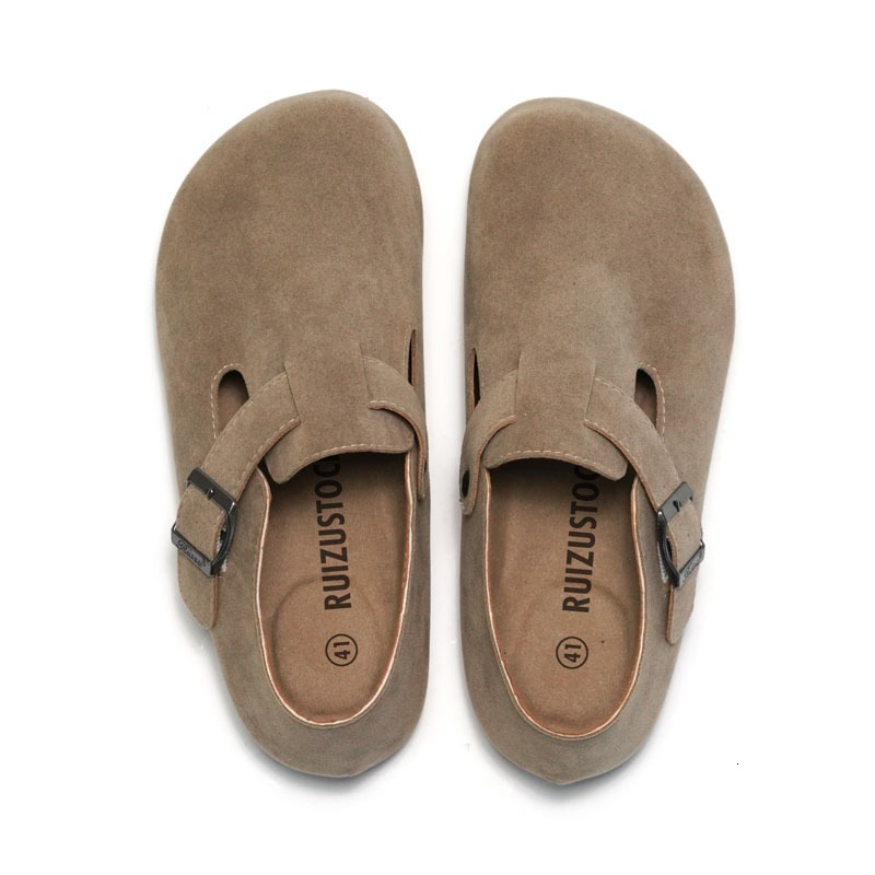 RUIZUSTOCK Women Fashion Khaki Suede Closed Toe Mule Shoes Adjustable Buckle Flat Casual Clogs - view 6