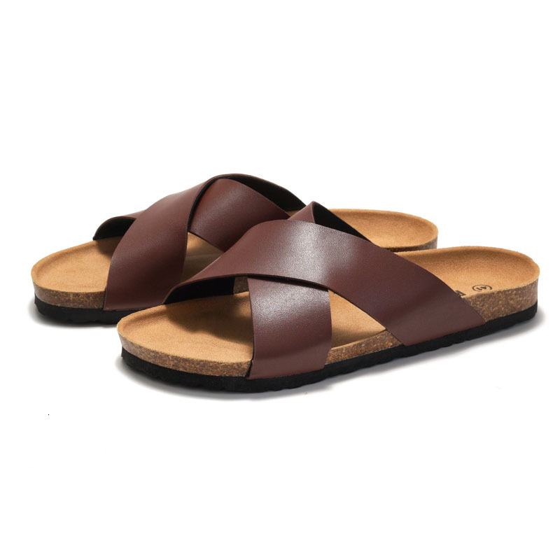 Fashion Gifts RUIZUSTOCK Men Classic Brown Cross Strap Cork Sandals PU Leather Open Toe Slides For Indoor And Outdoor