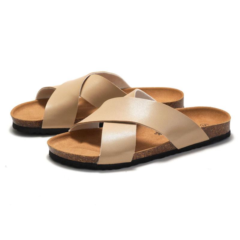 Fashion Gifts RUIZUSTOCK Men Classic Brown Cross Strap Cork Sandals PU Leather Open Toe Slides For Indoor And Outdoor - view 4
