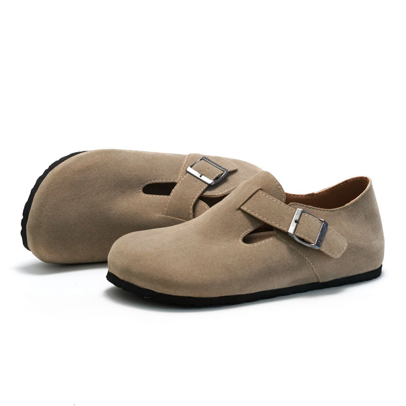 RUIZUSTOCK Women Fashion Khaki Suede Closed Toe Mule Shoes Adjustable Buckle Flat Casual Clogs