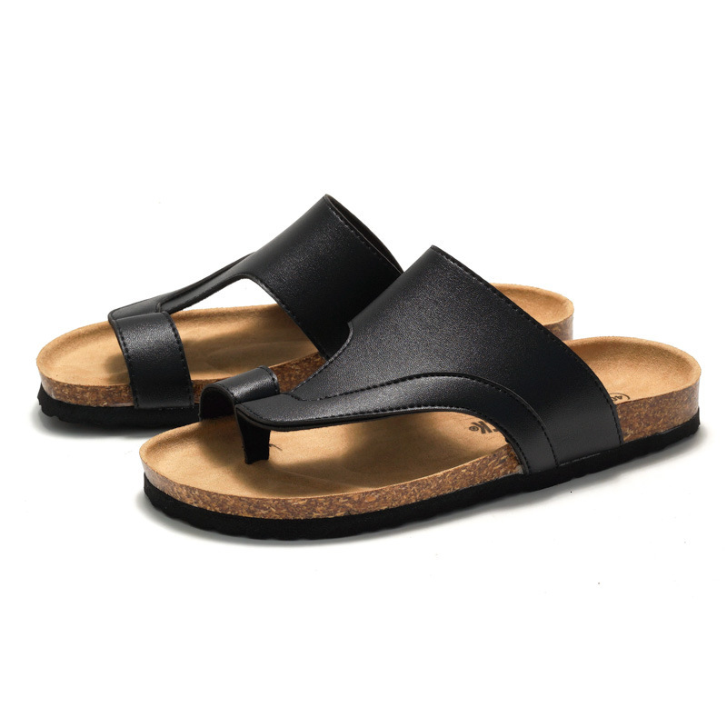 RUIZUSTOCK Men Classic Black Toe Loop Cork Sandals PU Leather Open Toe Slides For Indoor Fashion Gifts And Outdoor