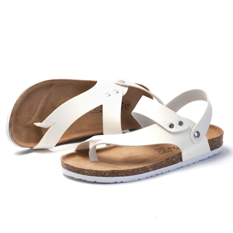 RUIZUSTOCK Unisex Fashion White Thong Slingback Fashion Gifts Sandals PU Leather Cork Footbed Flat Summer Shoes