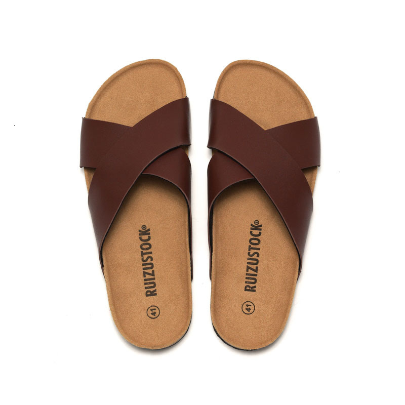 Fashion Gifts RUIZUSTOCK Men Classic Brown Cross Strap Cork Sandals PU Leather Open Toe Slides For Indoor And Outdoor - view 6