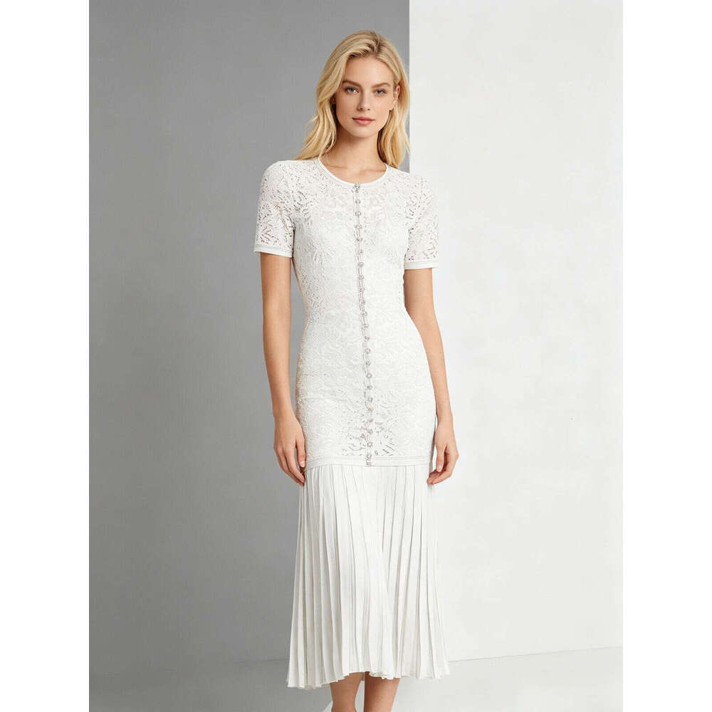 French Elegant White Lace & Knit Midi Dress, Round Neck Short Sleeve Fitted Pleated Evening Gown Skinny Slimming