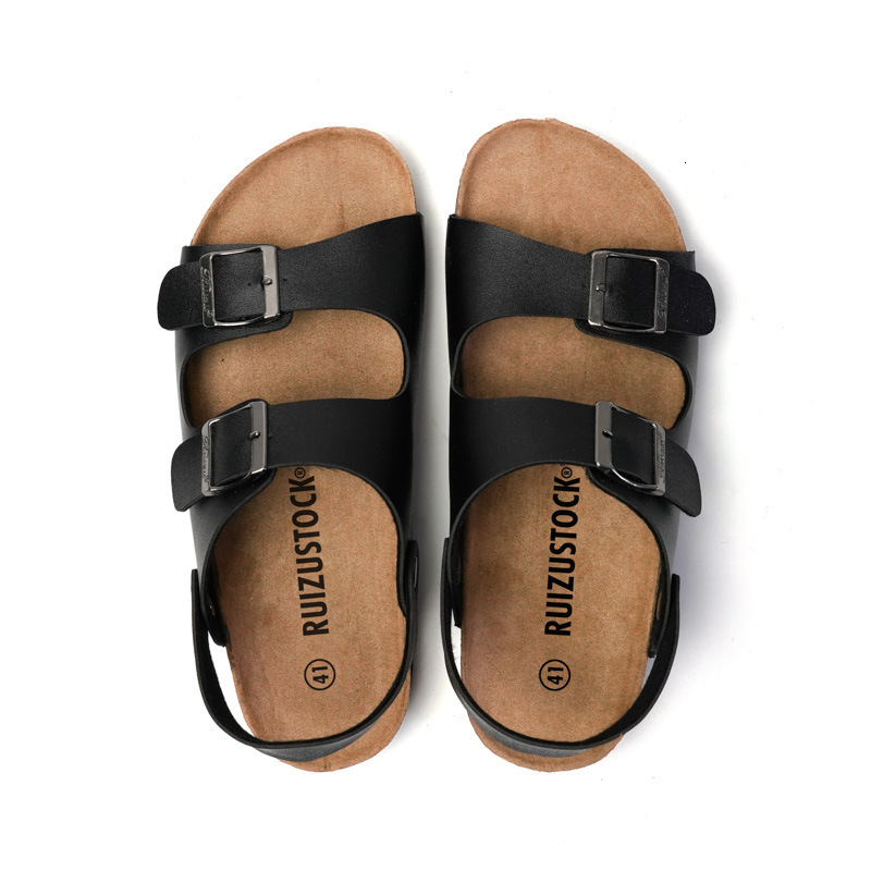 RUIZUSTOCK Men Classic Black Double Buckle Back Strap Cork Sandals PU Leather For Indoor And Outdoor For Summer Indoor Outdoor - view 6