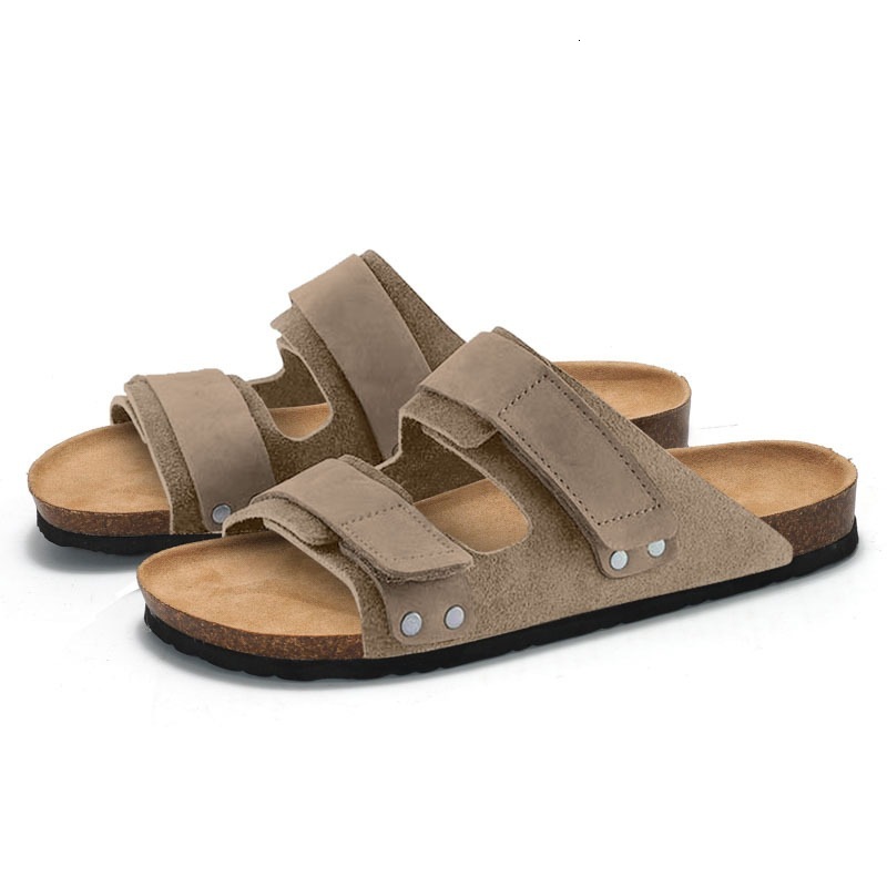 RUIZUSTOCK Men Fashion Khaki Suede Slide Sandals Adjustable Double Strap Cork Footbed Flat Slippers