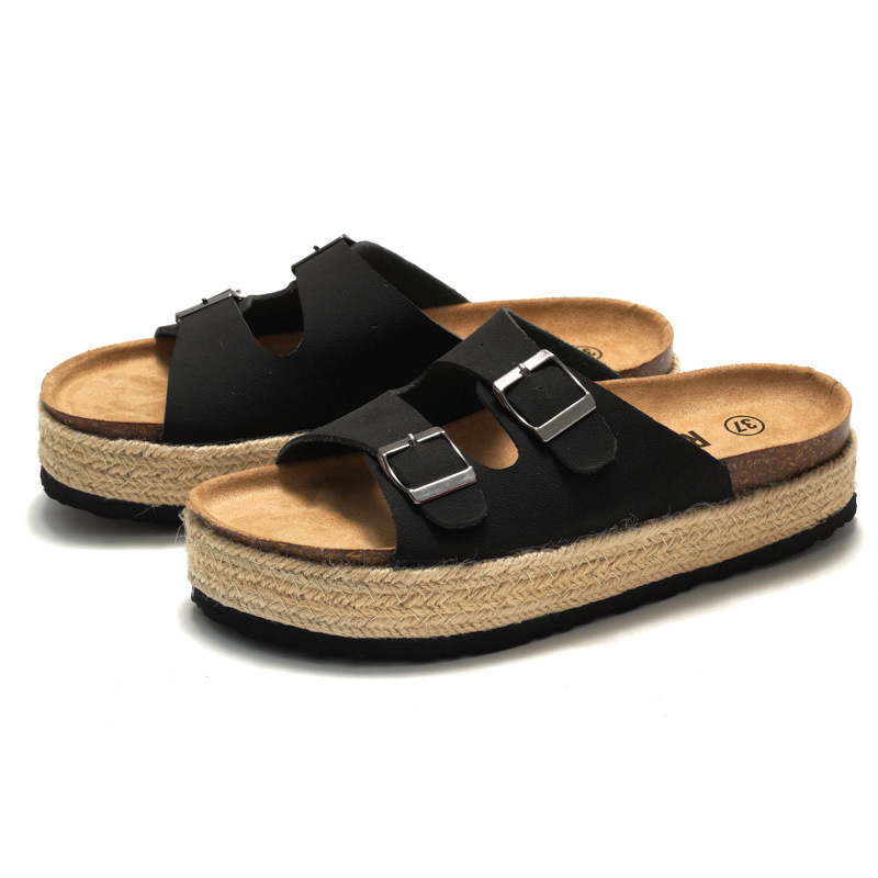 RUIZUSTOCK Women Fashion Khaki Platform Slide Sandals Suede Double Buckle Espadrille Flat Shoes - view 4