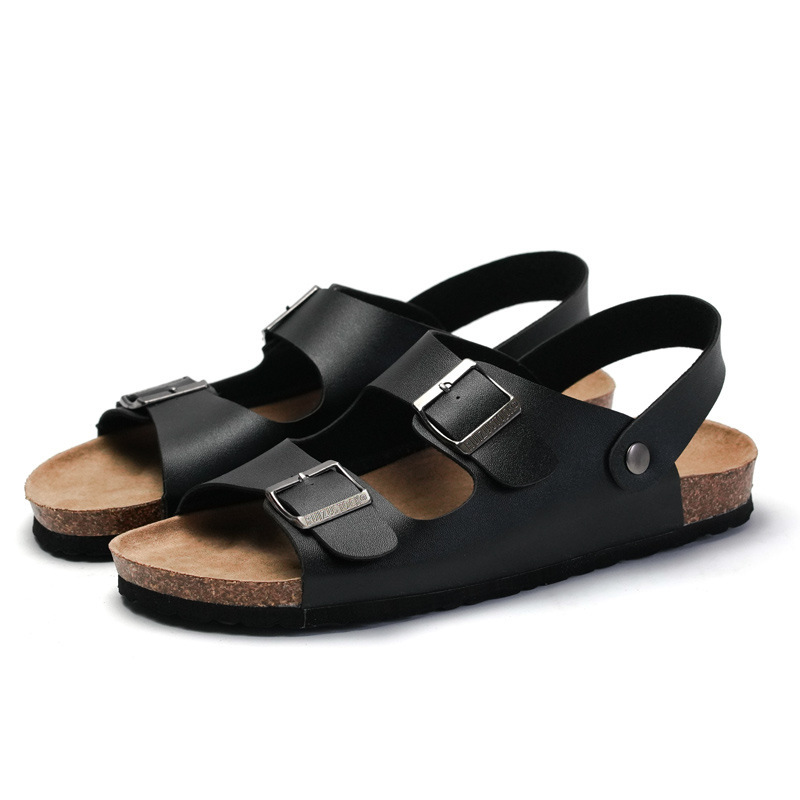 RUIZUSTOCK Men Classic Black Double Buckle Back Strap Cork Sandals PU Leather For Indoor And Outdoor For Summer Indoor Outdoor - view 4