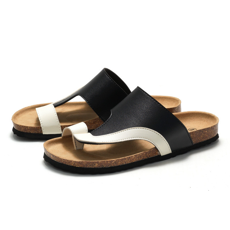 RUIZUSTOCK Men Classic Black Toe Loop Cork Sandals PU Leather Open Toe Slides For Indoor Fashion Gifts And Outdoor - view 3