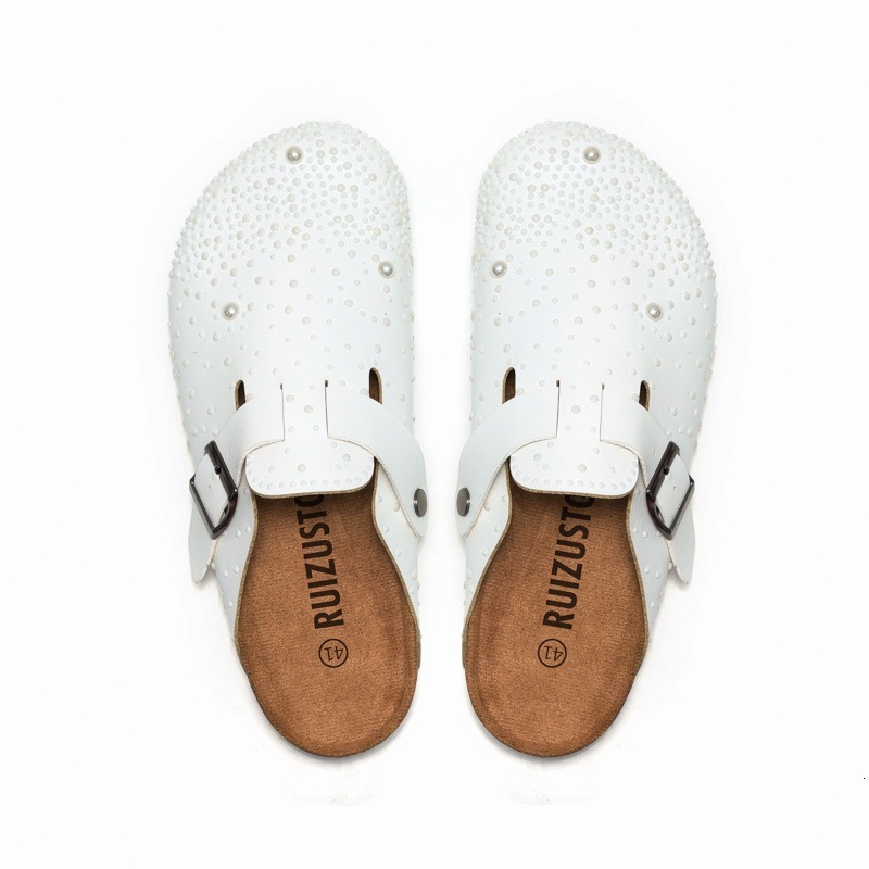 RUIZUSTOCK Women Fashion Pearl Studded Mule Slippers PU Leather Closed Toe Flat Slides With Adjustable Buckle - view 6