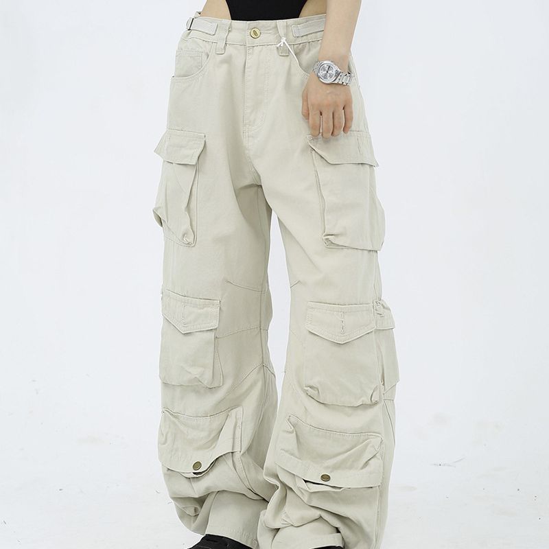 American Style Harajuku Retro Multi Pocket Set Mens Autumn Loose Straight Wash Cotton Rope Y2K Hip Hop Rope 241021