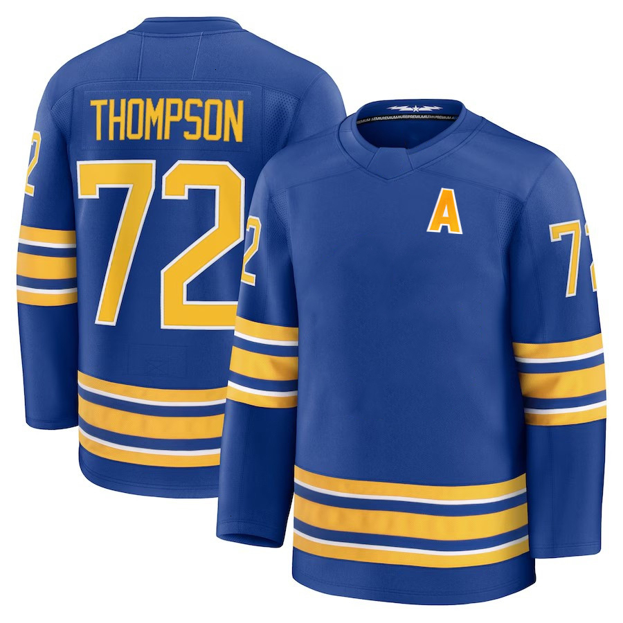 72 Tage Thompson sabres hockey jersey 26 Rasmus Dahlin Ukko-Pekka Luukkonen Jack Quinn Power Byram Greenway Alex Tuch Peyton Krebs Devon Levi Zach Ben