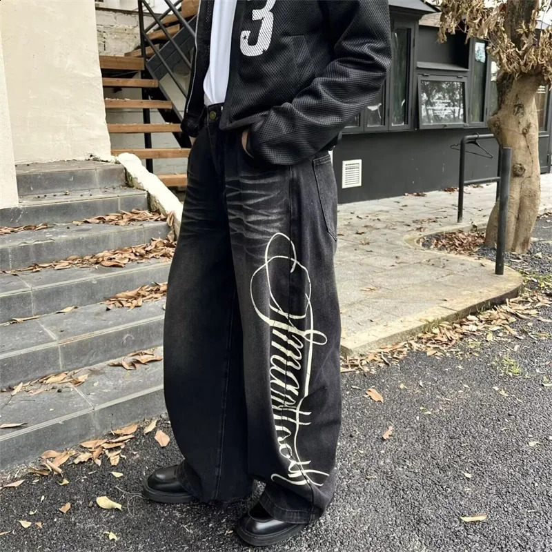 Autumn Mens Letter Printed Straight-Leg Baggy Jeans Hip Hop Fashion Washed Denim Pantalones American Retro Y2K Streetwear Jean 260518
