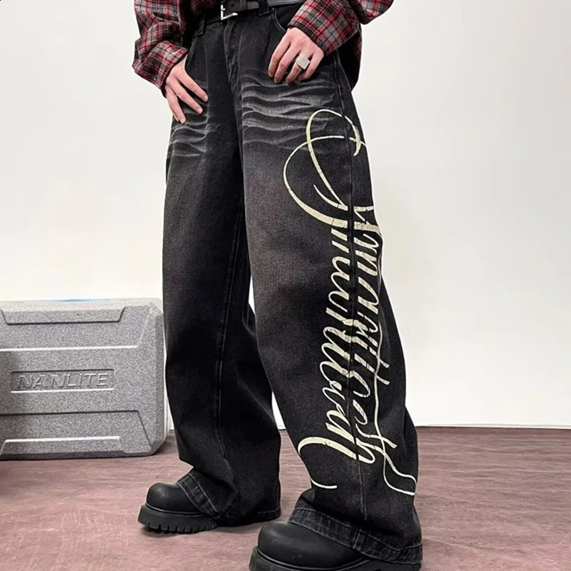 Autumn Mens Letter Printed Straight-Leg Baggy Jeans Hip Hop Fashion Washed Denim Pantalones American Retro Y2K Streetwear Jean 260518