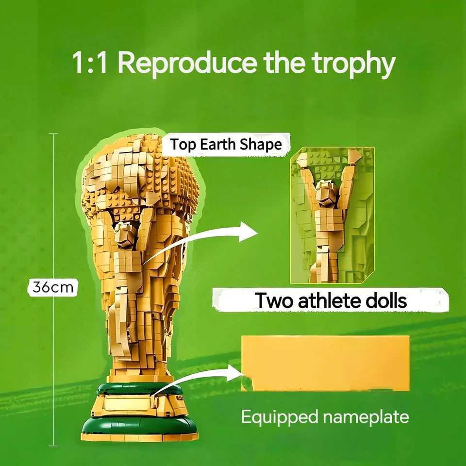 New 2842pcs Golden Football Champion Trophy Souvenir Cup Trophy Replica 43020 Desktop Decor Building Block Toy For Birthday GiftT260521