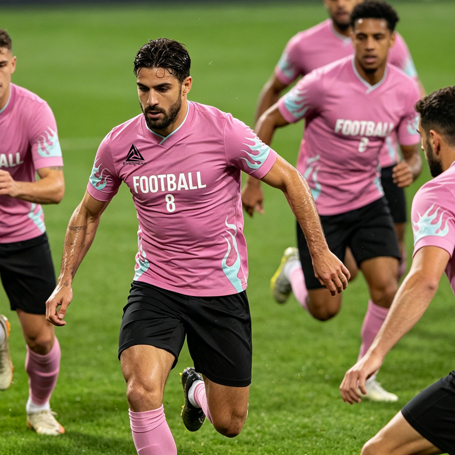 Custom Soccer Jersey Set Men Pink with Light Blue Flame Football Uniform with Shorts Personalized Name Number Breathable Quick Dry Kit - view 4