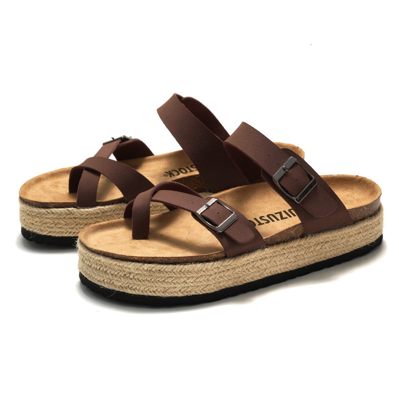 RUIZUSTOCK Women Fashion Brown Platform Thong Sandals PU Leather Espadrille Wedge Flip Flops - view 3
