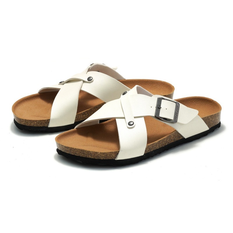 RUIZUSTOCK Women Fashion Cross Strap Slide Sandals PU Leather Cork Footbed Flat Slippers With Adjustable Buckle