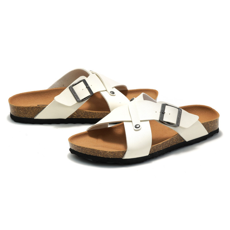 RUIZUSTOCK Women Fashion Cross Strap Slide Sandals PU Leather Cork Footbed Flat Slippers With Adjustable Buckle - view 5