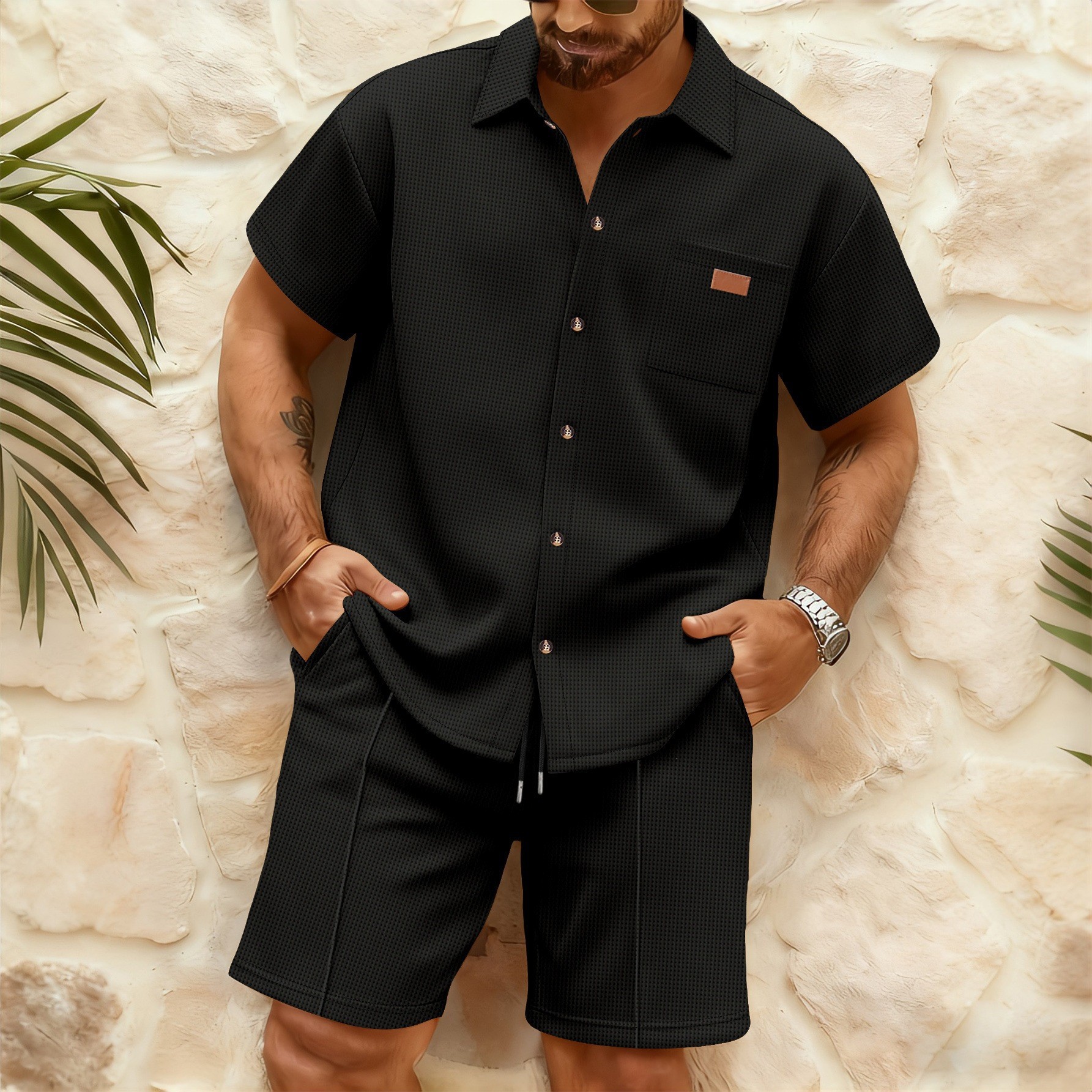 Mens sets Waffle Summer Casual tracksuits Tshirt Shorts Suit basketball Tracksuit Solid color tracksuit loose suit jogger man designer 2 piece set clo