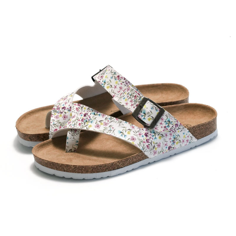 RUIZUSTOCK Women Fashion Gifts Fashion Floral Print Thong Sandals PU Leather Cork Footbed Flat Flip Flops With Buckle - view 3