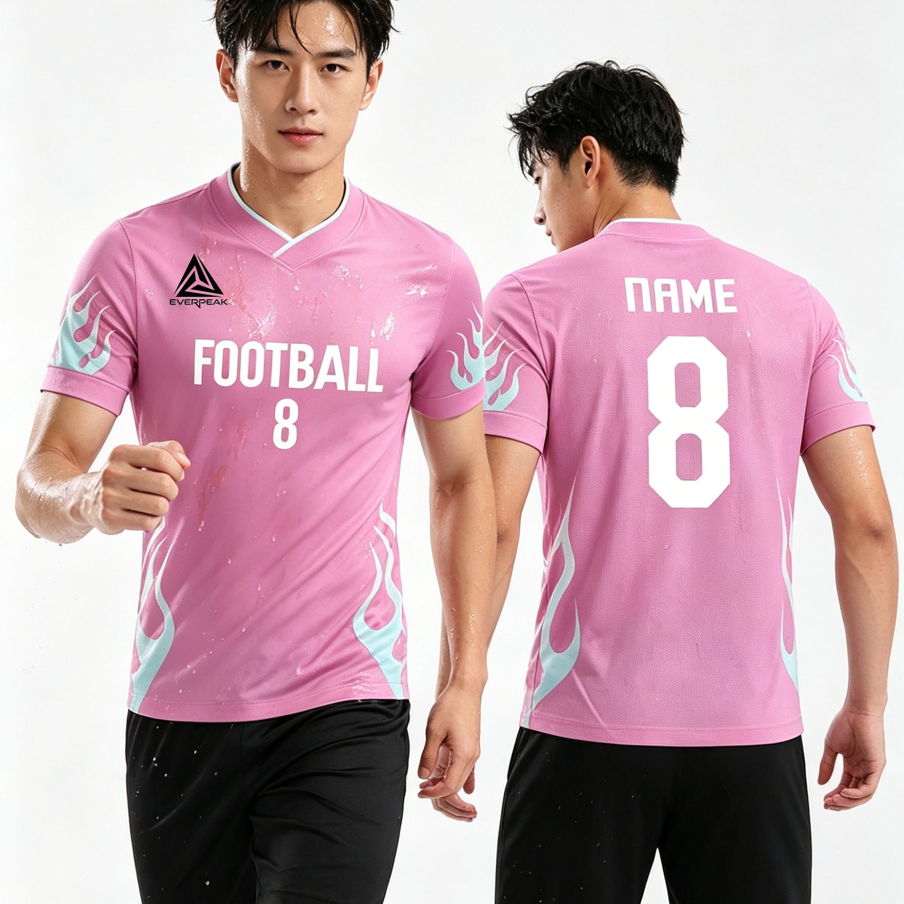 Custom Soccer Jersey Set Men Pink with Light Blue Flame Football Uniform with Shorts Personalized Name Number Breathable Quick Dry Kit - view 5