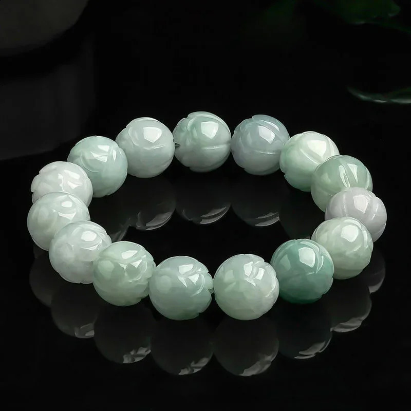 Burmese Jade Lotus 8-13mm Beads Bracelets White Natural Man Amulet Men Gemstone Charms Emerald Fashion Jewelry Carved Jadeite 260520