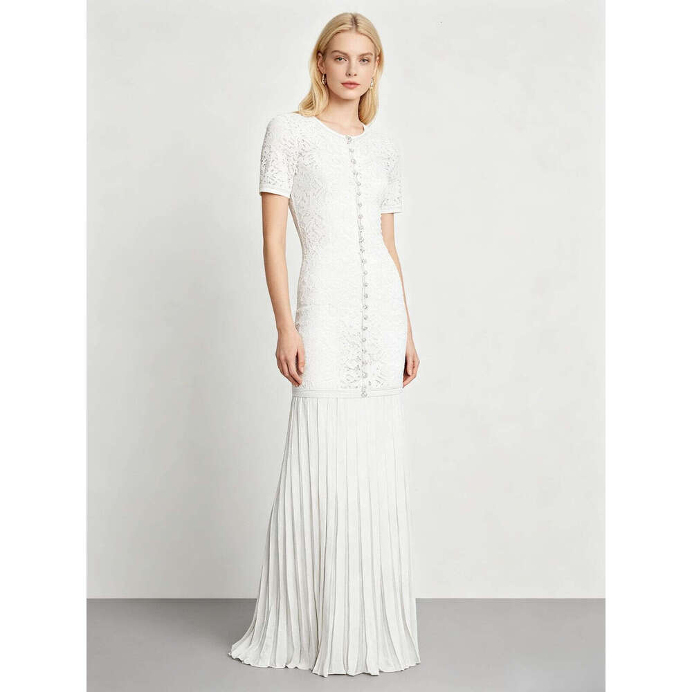 French Elegant White Lace & Knit Midi Dress, Round Neck Short Sleeve Fitted Pleated Evening Gown Skinny Slimming
