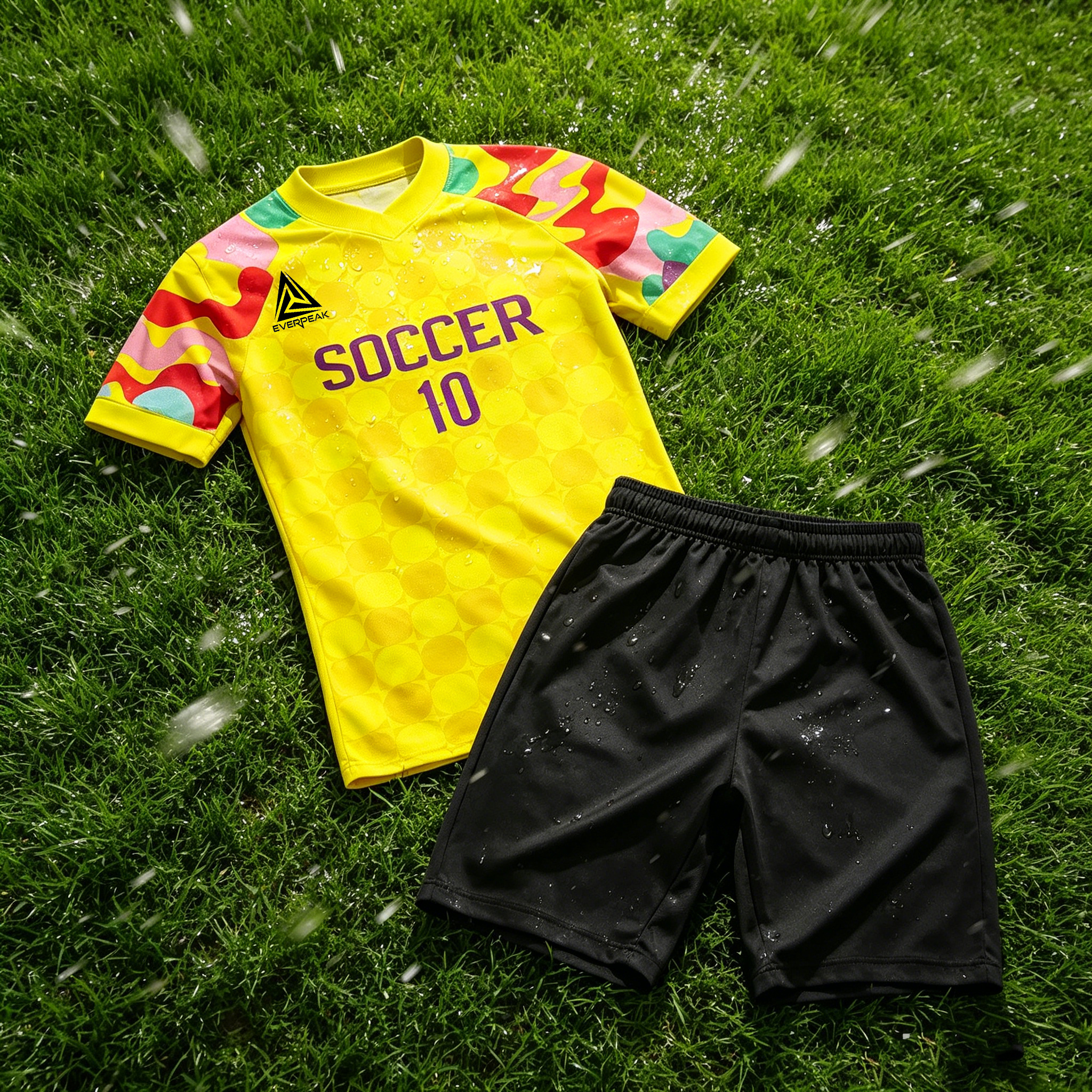 Custom Soccer Jersey Set Men Yellow with Colorful Graffiti Sleeves Football Uniform with Shorts Personalized Name Number Breathable Quick Dry Kit - view 5