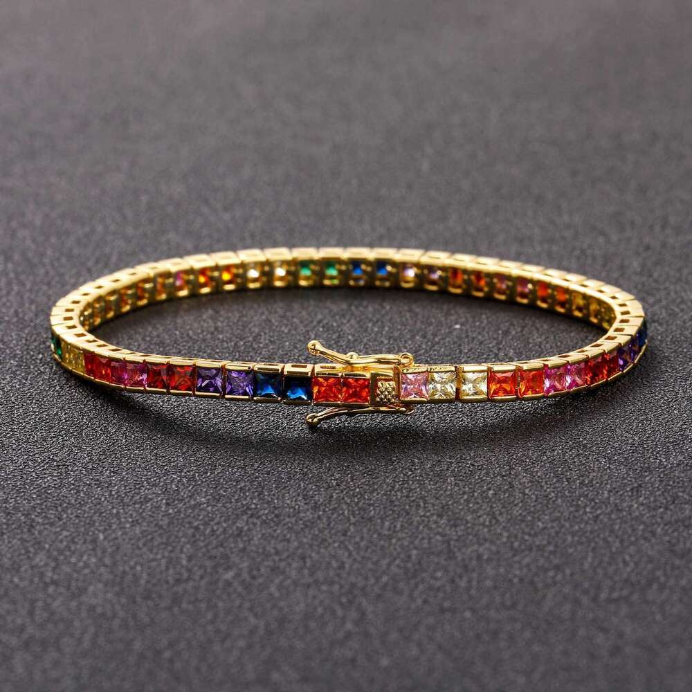 European and American style necklace, 4mm square colorful tennis chain, real gold plated, micro-inlaid zirconia, hip-hop bracelet - view 4