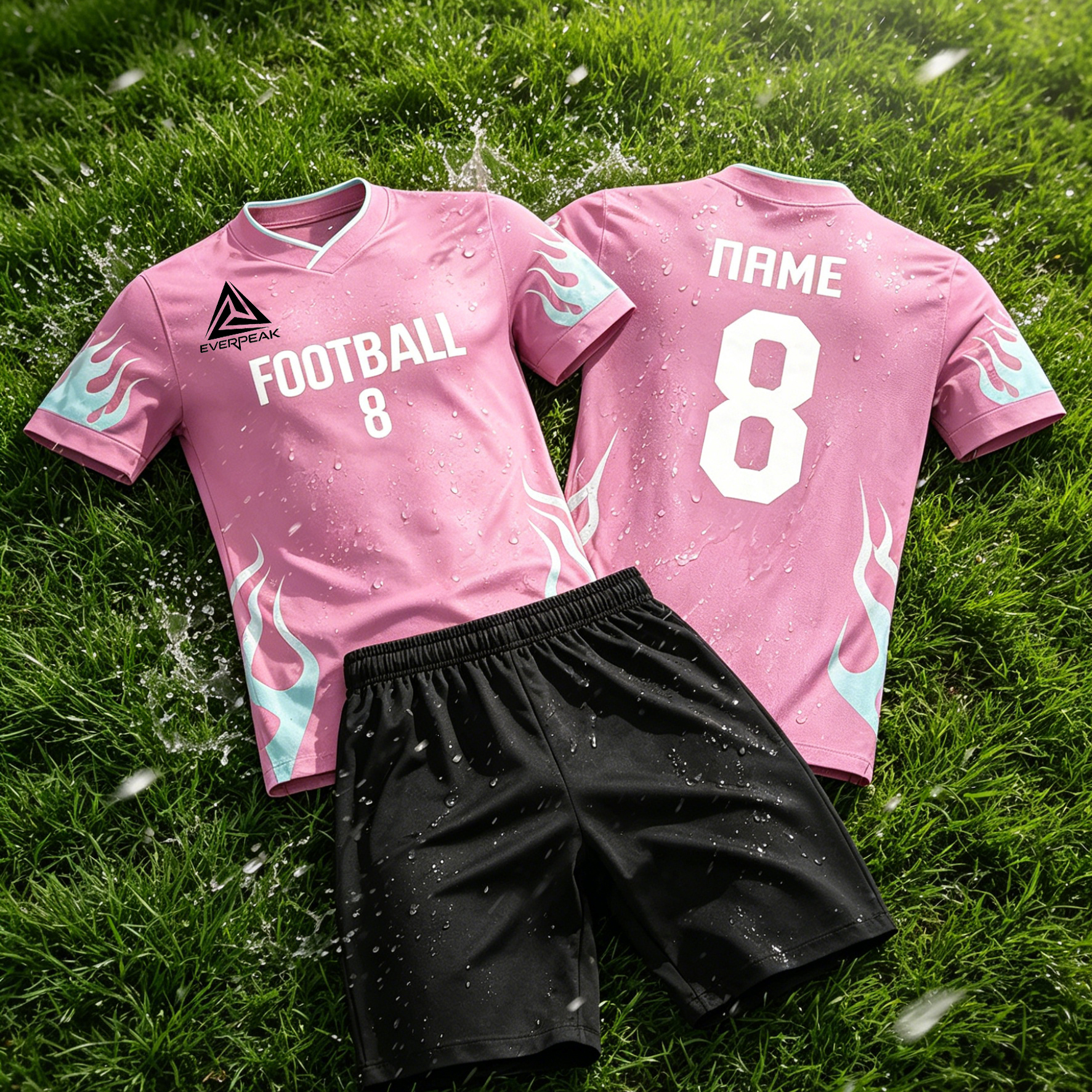 Custom Soccer Jersey Set Men Pink with Light Blue Flame Football Uniform with Shorts Personalized Name Number Breathable Quick Dry Kit - view 6