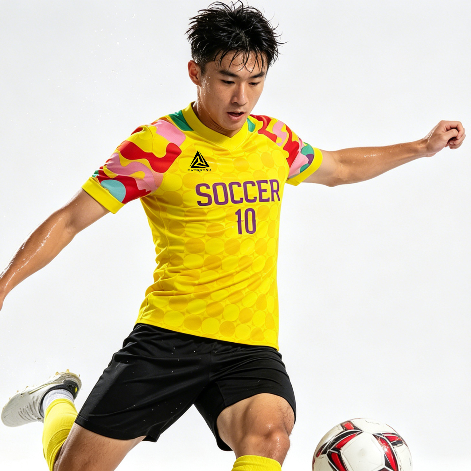 Custom Soccer Jersey Set Men Yellow with Colorful Graffiti Sleeves Football Uniform with Shorts Personalized Name Number Breathable Quick Dry Kit - view 3