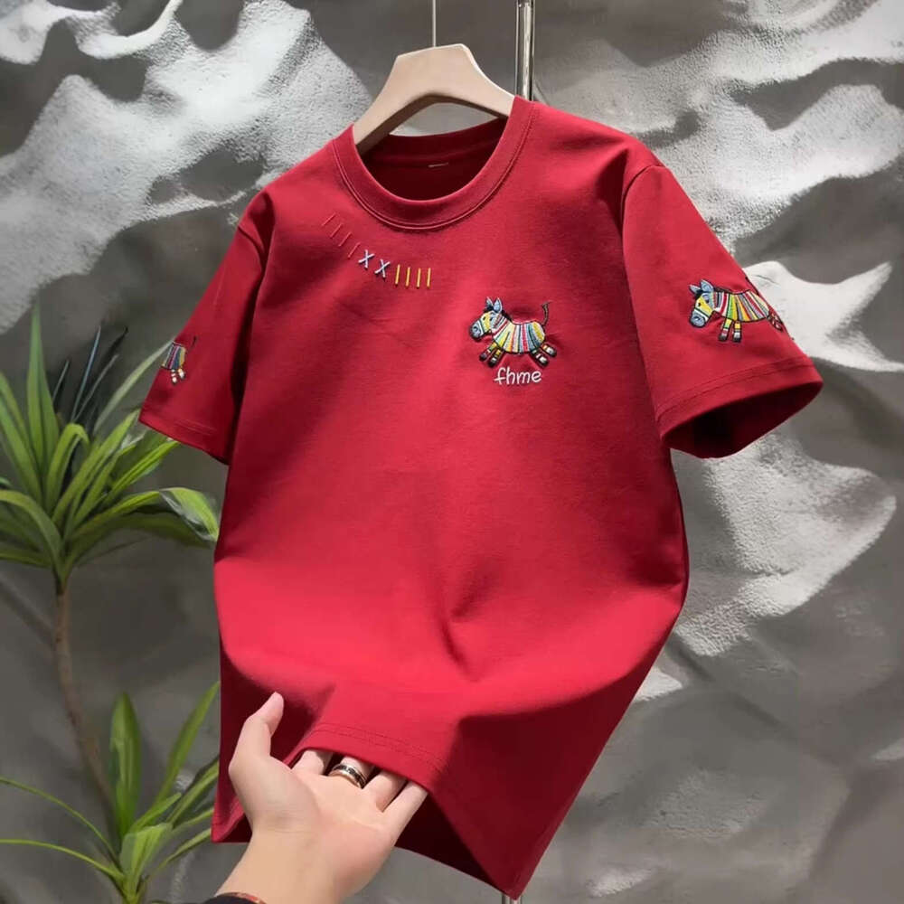 Spring New Trendy Brand Short-Sleeve T-Shirt With Little Horse Embroidery, Fashionable And Versatile Casual Round-Neck Top, Stylish Half-Sleeve Shirt 
