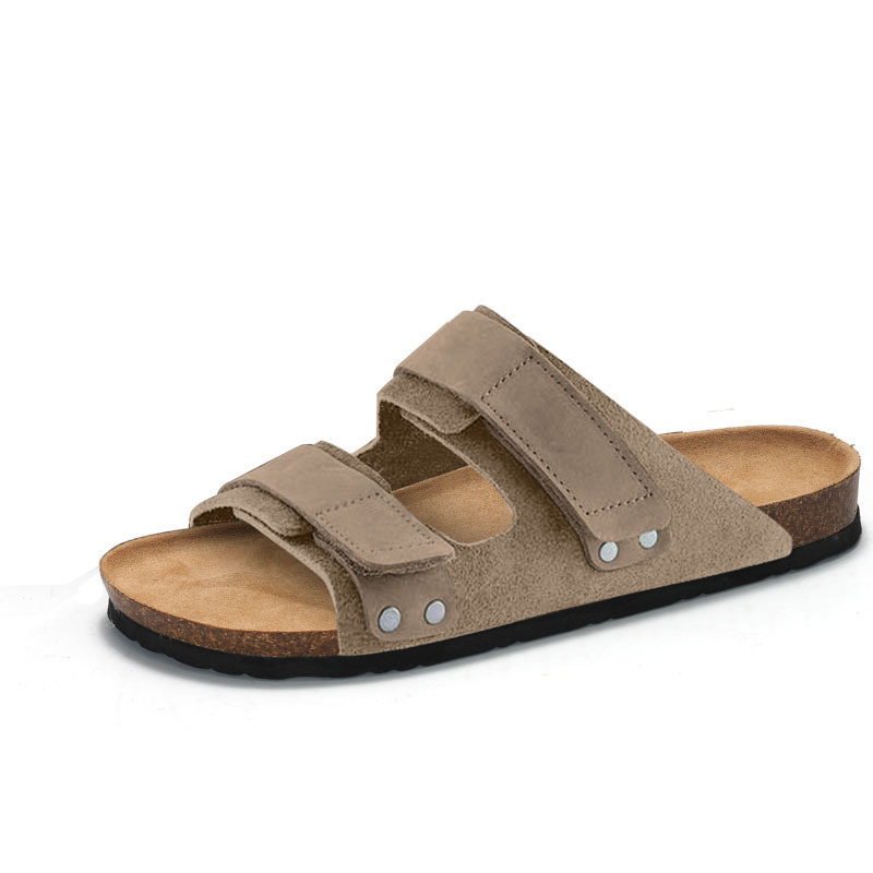 RUIZUSTOCK Men Fashion Khaki Suede Slide Sandals Adjustable Double Strap Cork Footbed Flat Slippers - view 5