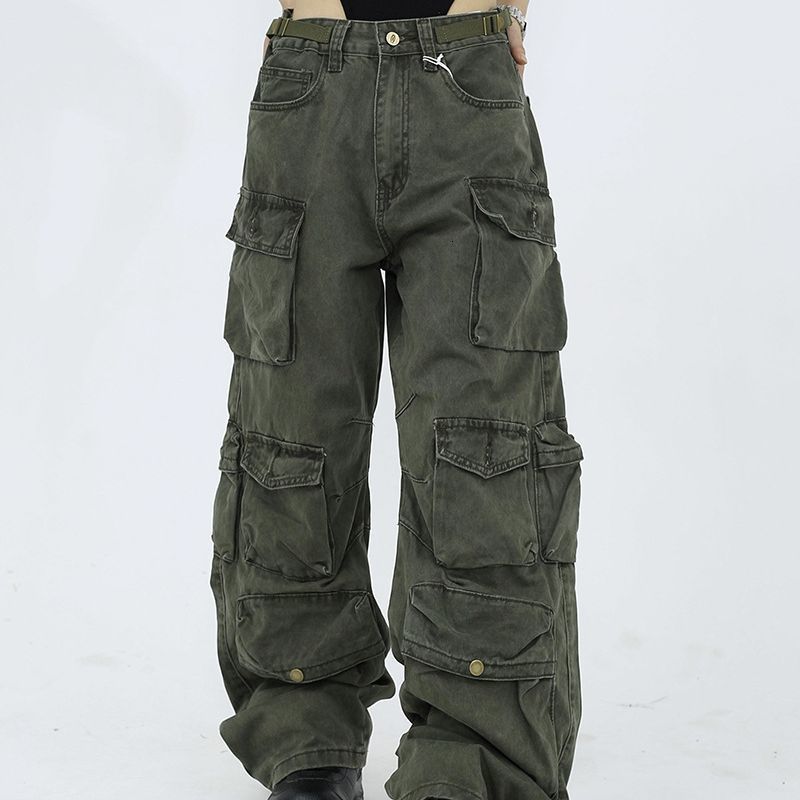American Style Harajuku Retro Multi Pocket Set Mens Autumn Loose Straight Wash Cotton Rope Y2K Hip Hop Rope 241021